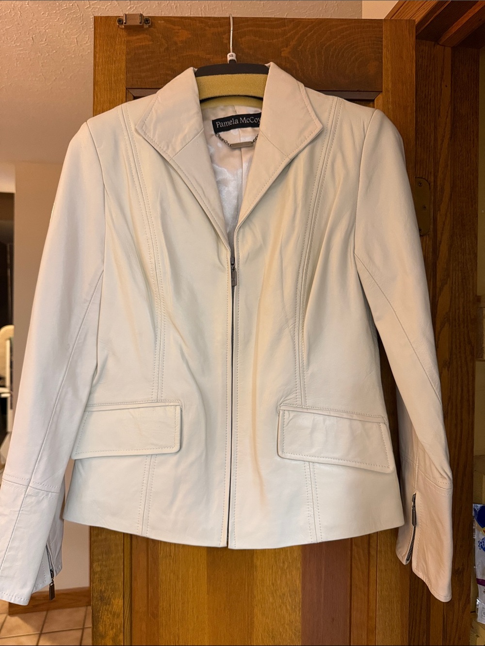 Pamela McCoy Cream Leather Zip-Front Jacket